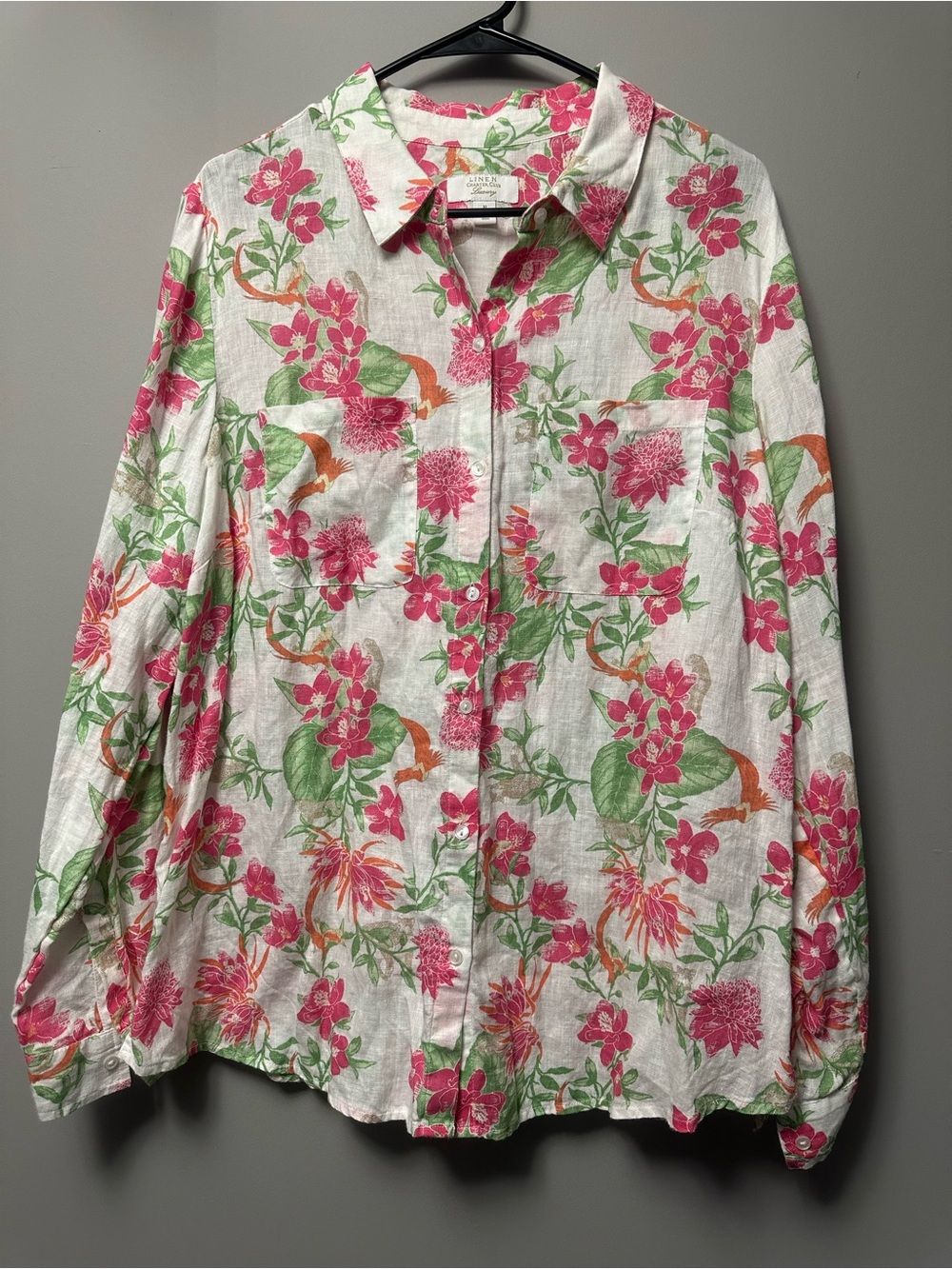 Charter Club White Button-Down Shirt with Pink & Green Floral Print